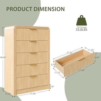 Fluted 5 Drawers Dresser, 48" Tall Chest of Drawers for Bedroom