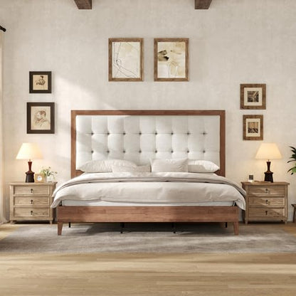 Solid Wood Queen Bed Frame 50.2" Upholstered Headboard, Walnut