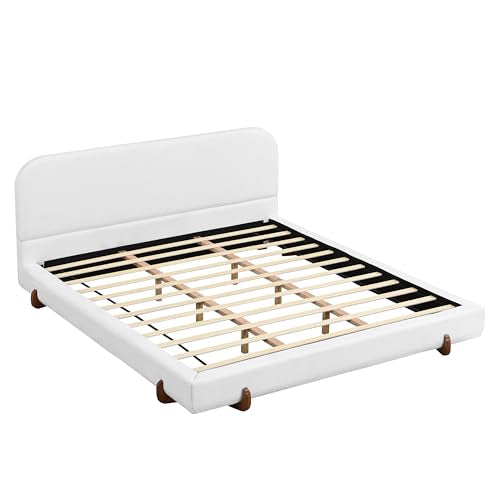 California King Size Bed Frame, Elegant Chenille Bed Frame with Unique Design Solid Wood Legs, Curve-Shaped Upholstered Platform Bed with 4-Inch Thick Double-Sided, 800 lb Capacity, White