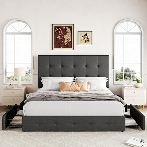 Upholstered Queen Size Platform Bed Frame with 4 Storage Drawers and Headboard, Square Stitched Button Tufted, Mattress Foundation with Wooden Slats Support, No Box Spring Needed, Dark Grey