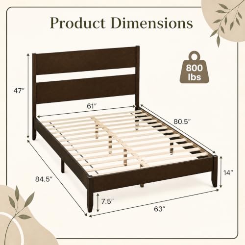 Queen Size Rubber Wood Bed Frame with Tall Headboard, Dark Brown