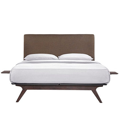 Tracy Mid-Century Modern Wood Platform Queen Bed with Two Nightstands in Cappuccino Brown