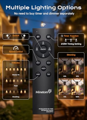 100FT Outdoor-String-Lights with Remote, Shatterproof ST38 LED Bulbs, Waterproof Patio Lights with 3 Modes, Dimmable & Connectable 2700K Hanging Lights for Backyard Porch Deck Balcony