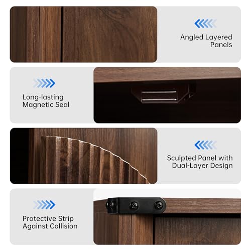 65" Sideboard Buffet Cabinet with Storage, Mid Century Modern Fluted Accent Credenza with Adjustable Shelves, Wood Media TV Console Coffee Bar Table for Dining Room, Living Room, Walnut