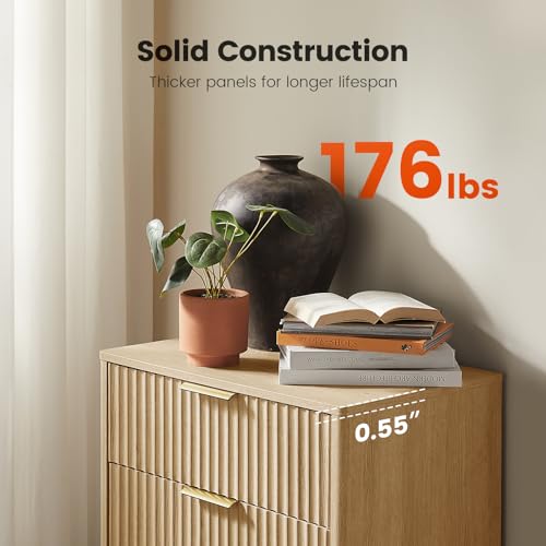 Amada Tall 5 Drawer Dresser, Modern Fluted Vertical Chest with Rounded Corners, Pre-Installed Drawer Slides & Narrow Storage Design for Bedroom or Hallway in Natural Oak
