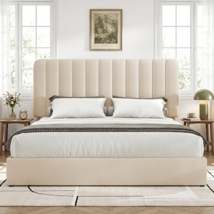 Queen Size Upholstered Bed Frame with 4 Drawers and Headboard, Velvet Platform Storage Bedframe, Wooden Slats Support, No Box Spring Needed, Beige