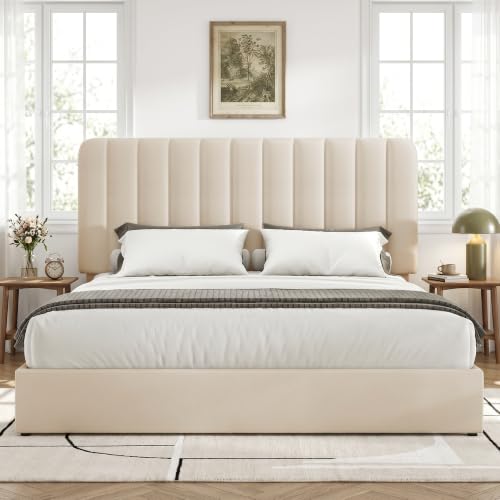 King Size Upholstered Bed Frame with 4 Drawers and Headboard, Velvet Platform Storage Bedframe, Wooden Slats Support, No Box Spring Needed,Bone Beige