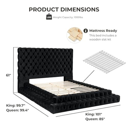 Sable Fabric Upholstered Step Up Queen-Size Platform Bed with Oversized Headboard, Deep Button Tufting, No Box Spring Required for Bedroom, Guest Room, Black