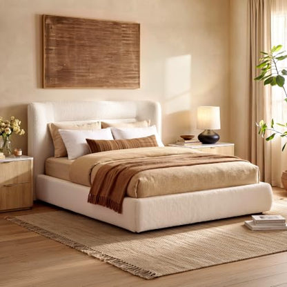 Queen Size Bed Frame, Modern Upholstered Platform Bed with Wingback Headboard, Wooden Strong Slats Support, Noise-Free, No Box Spring Needed, Easy Assembly, Beige