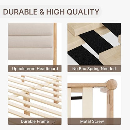 Wood Bed Frame with Upholstered Headboard, Oat, Queen