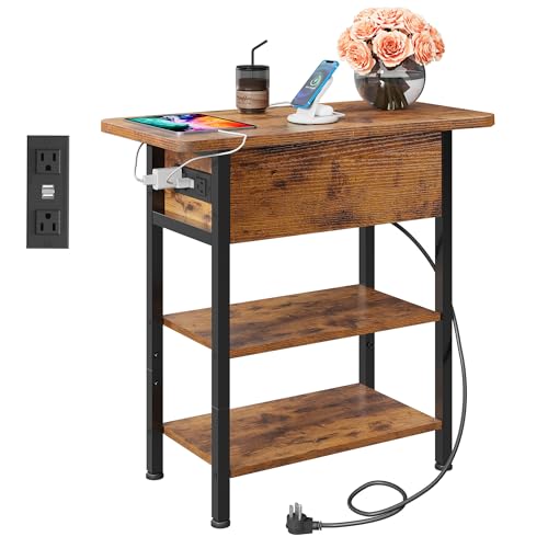 3-Tier End Table with Charging Station, Flip Top Narrow Side Table with Storage Shelf, Small Nightstand with USB Ports and Outlets,Bedside Table for Living Room, Bedroom