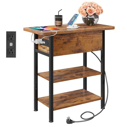 3-Tier End Table with Charging Station, Flip Top Narrow Side Table with Storage Shelf, Small Nightstand with USB Ports and Outlets,Bedside Table for Living Room, Bedroom