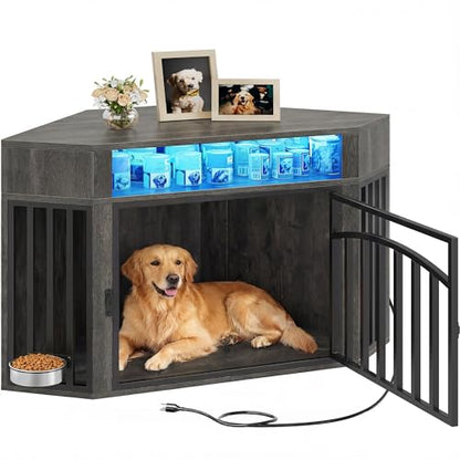 52" Corner Dog Crate Furniture with LED Light & Power Outlets