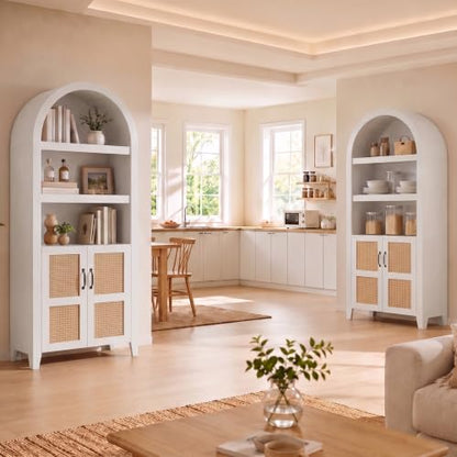 71" Arched Storage Cabinet, Modern Farmhouse Wooden Bookcase with Adjustable Shelves – Versatile Kitchen Pantry, Living Room Display, and Bedroom Storage (White)