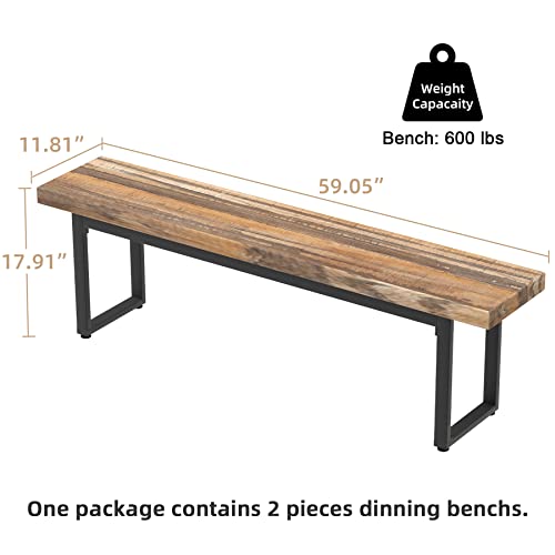 59" Farmhouse Dining Bench Pair 2, Wooden Bench Seat Kitchen Table, Brown