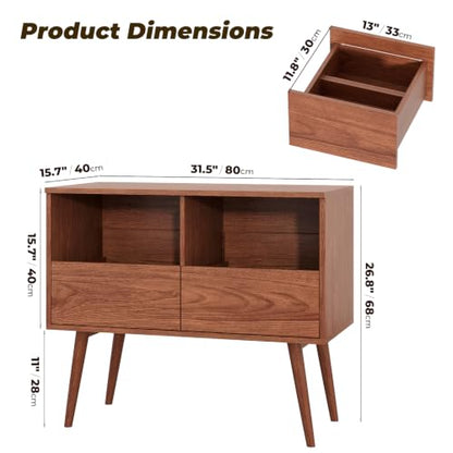 Mid Century Modern Record Player Stand with Vinyl Storage, Brown | Turntable Stand with Solid Wood Legs, 7“/10"/12" Vinyl Record Storage Cabinet, for Living Room, Music Corner