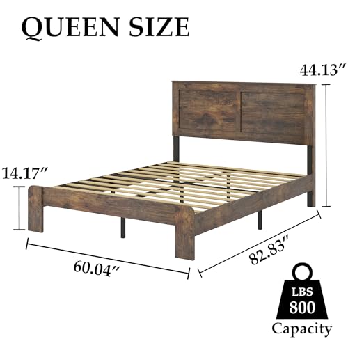 DWOYFO Wood Platform Bed Frame, Queen Bed Frame with Headboard, Dark Brown