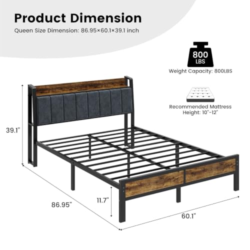 Queen Size Bed Frame with Storage Headboard, LED Lights