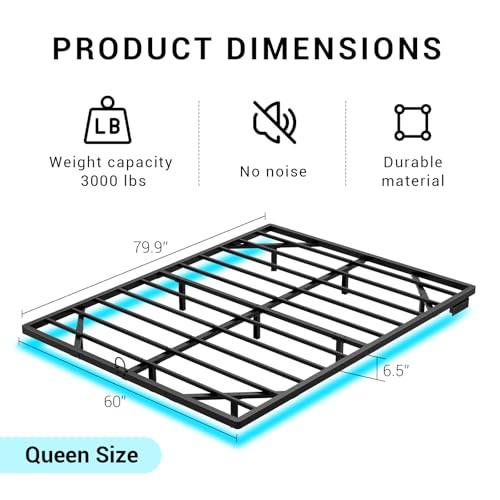 Queen Size Floating Metal Bed Frame with Smart LED Lights & Charging Station, Metal Platform Bed Base No Box Spring Needed, Easy Assembly, Noise Free