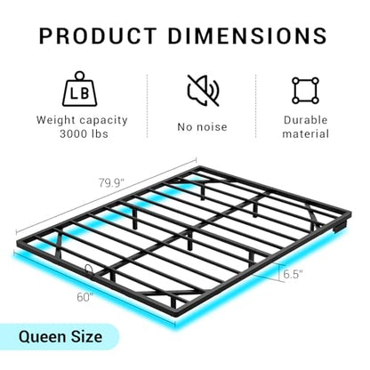 Queen Size Floating Metal Bed Frame with Smart LED Lights & Charging Station, Metal Platform Bed Base No Box Spring Needed, Easy Assembly, Noise Free