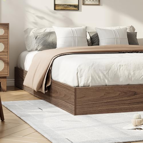 Queen Platform Bed Frame, No Headboard, Walnut Engineered Wood