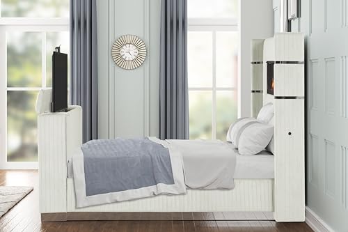 King Bed Frame with Fireplace and TV Stand - Wood Platform Bed with 68" Tall Headboard and Storage, Upholstered Sleigh Bed, Velvet Bedframe with TV Mount and USB Ports for Bedroom Furniture, Beige