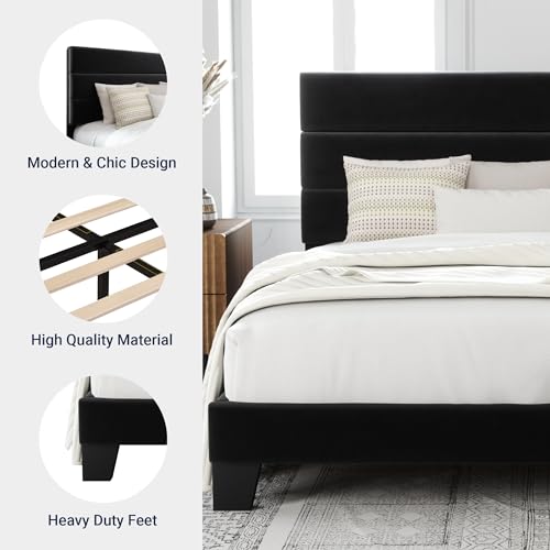 Queen Size Platform Bed Frame with Velvet Upholstered Headboard