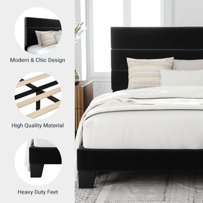 Queen Size Platform Bed Frame with Velvet Upholstered Headboard
