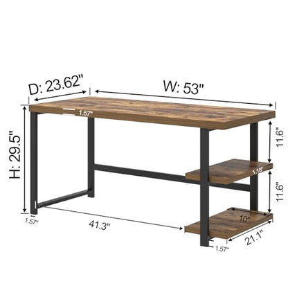 Modern Computer Desk, Home Office Desk with Storage Shelf, Wood Study Writing Table Workstation for Bedroom Living Room, Rustic Brown, 53 Inch