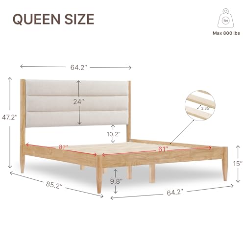Wood Bed Frame with Upholstered Headboard, Oat, Queen