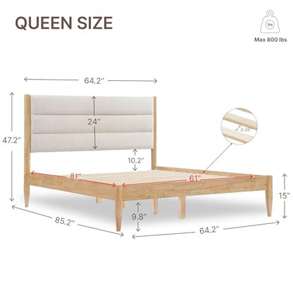 Wood Bed Frame with Upholstered Headboard, Oat, Queen