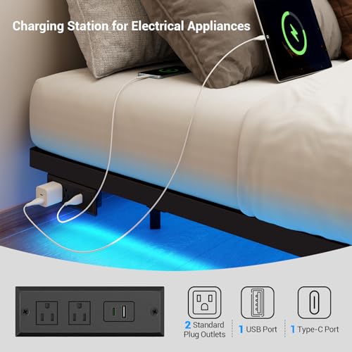 Queen Size Floating Metal Bed Frame with Smart LED Lights & Charging Station, Metal Platform Bed Base No Box Spring Needed, Easy Assembly, Noise Free