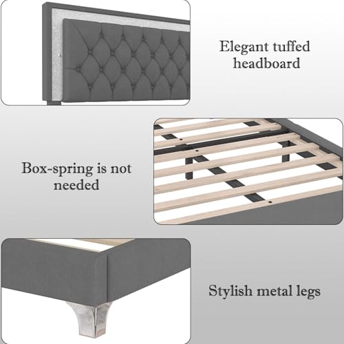 Linique 3-Pieces Bedroom Sets, Queen Size Velvet Upholstered Platform Bed Frame with LED Lights and Two Nightstands, Wooden Platform Bed with Button Tufted Headboard, Grey