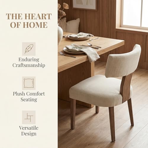 Mid Century Modern Dining Chairs Set of 6, Upholstered Linen Kitchen & Dining Room Chairs with Ergonomic Curved Backrest, Solid Wood Legs, Farmhouse Accent Chair for Home, Apartment, Beige