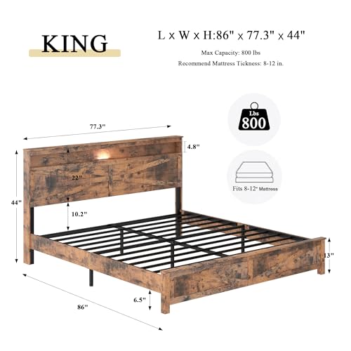 King Size Farmhouse Wooden Bed Frame with Storage Headboard
