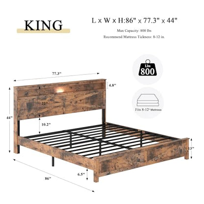 King Size Farmhouse Wooden Bed Frame with Storage Headboard