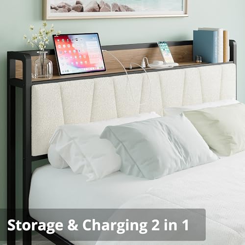 Queen Bed Frames, Storage Headboard with Charging Station, Solid and Stable, Noise Free, No Box Spring Needed, Easy Assembly, Wood and Cream