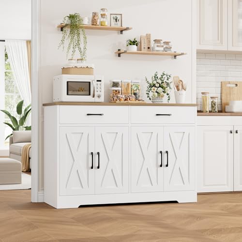 47" W Kitchen Sideboard Buffet Cabinet with Storage Drawers, White