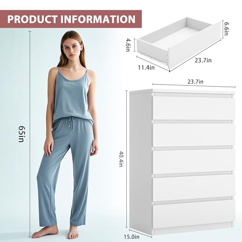 5 Drawer Dresser for Bedroom, White Dresser Chest of Drawers, Tall Dressers for Bedroom with Handleless Drawers, 15" D x 23.7" W x 40.4" H Storage Dressers for Living Room, Hallway and Entryway-White
