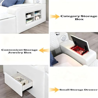 King Size Smart Bed, Multifunctional Leather Bed Frame with Massage Recliner/Adjustable Headboard/Music Speaker/USB Port/Storage Space, Modern Luxury Bed Frame(Beige)