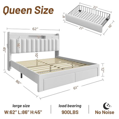 Queen Bed Frame with Headboard ＆ 4 Storage Drawers & White Gift