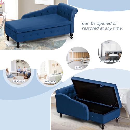 Velvet Chaise Lounge w/Right Armrest & Storage Space, Blue