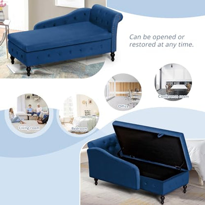 Velvet Chaise Lounge w/Right Armrest & Storage Space, Blue