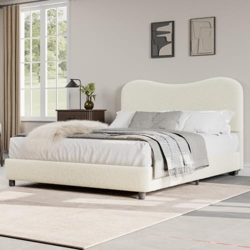 Full Size Bed Frame with Boucle Fabric, Beige