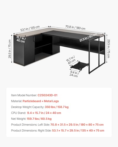 71" L-Shaped Executive Desk, Large Computer Desk with Drawers, File Storage Cabinet, CPU Stand, 350 LBS Load Capacity Corner Table, Easy Assembly, for Work Study