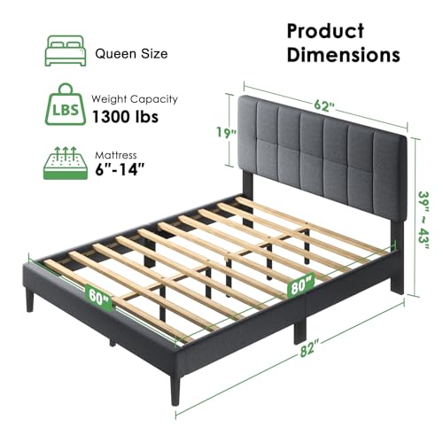 Queen Size Bed Frame, Sturdy and Durable with 12 Support Legs, 1300 lbs Capacity, Solid Wooden Upholstered Adjustable Headboard for 6"-12" Mattresses, Easy Assembly, Ideal Height, Dark Gray