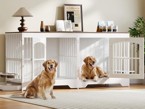 74.8” Dog Crate Furniture for 2 Dogs, Wooden Dog Kennel Indoor with Dog Bowls, Extra Large Double Doors Dog Crate TV Stand, Dog Kennel with Divider, White and Walnut