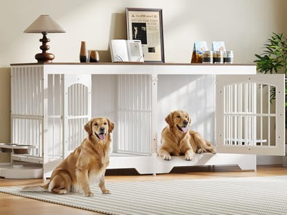 74.8” Dog Crate Furniture for 2 Dogs, Wooden Dog Kennel Indoor with Dog Bowls, Extra Large Double Doors Dog Crate TV Stand, Dog Kennel with Divider, White and Walnut