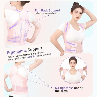 Posture Corrector for Women and Men, Full Back Support Brace, Adjustable Shoulder Straightener, Upper and Lower Back Brace with Waist Support, Breathable Back Straightener for Hunchback Posture and Daily Wear Pink, Large