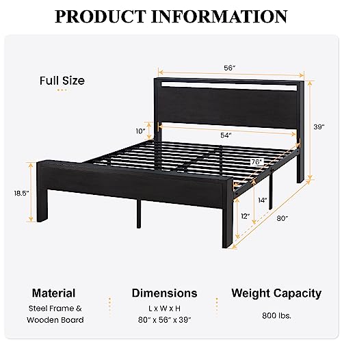 Full Size Bed Frame, Wooden Headboard and Footboard, Black Oak | Rounded Corners, 12 Metal Slats, Noise-Free Design, 12-Inch Storage, No Box Spring, 40-Minute Assembly